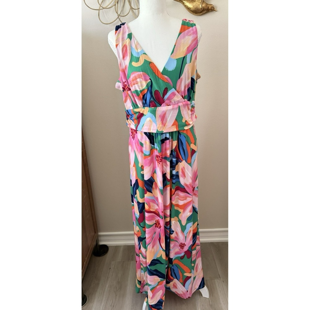 Papagallo Floral Maxi Dress Large Pink Green Sleeveless‎ Surplice Resort